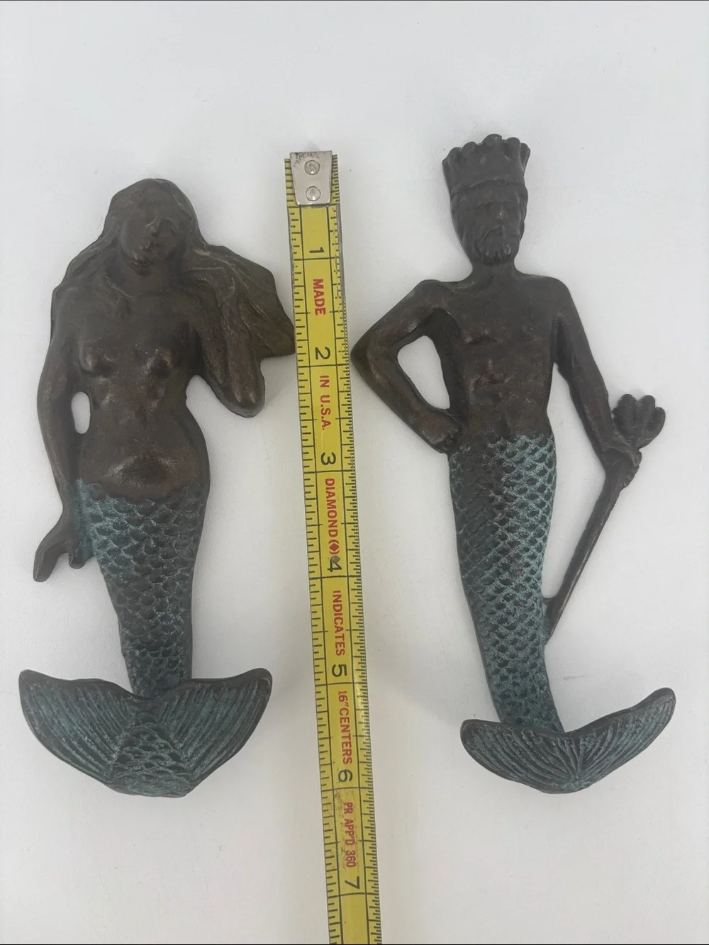 Vintage 80s-90s SPI cast iron mermaid & Neptune wall hooks pair verdigris